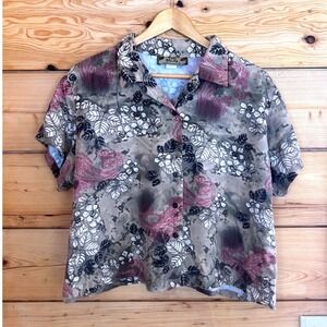 Vintage‎ Floral Paisley Rayon Shirt Womens 2XX-Large Grey Tan Two Palms Hawaiian